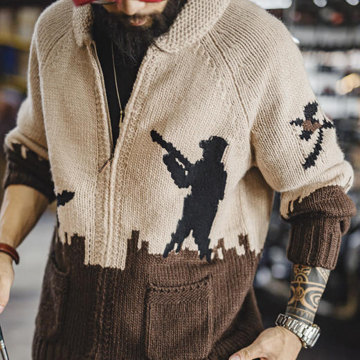 马登工装美式复古刺绣青果领毛衣卡其色开衫老钱风毛衫外套男秋冬 商品图0