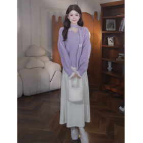 鹿向南「槿上花语」韩系慵懒设计感飘带V领套头毛衣长袖针织衫女