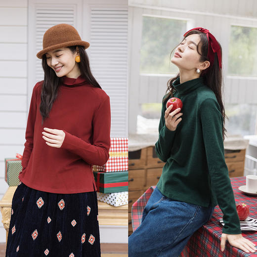 特绽放854朵/贝壳绣高领打底衫·绒感保暖打底长袖T恤女内搭新款 商品图0