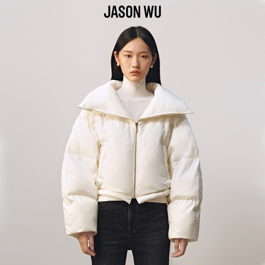 (90白鹅绒)【JASON WU】秋冬新款大翻领廓形提花短款保暖面包羽绒服