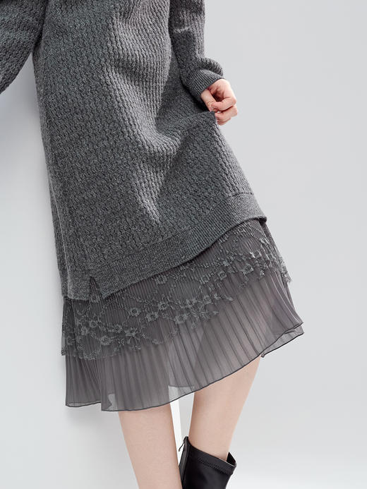 【百图lulu定制】【蕾丝连衣裙】 设计感蕾丝拼接毛衣连衣裙女2025年冬季新款显瘦直筒裙 商品图13