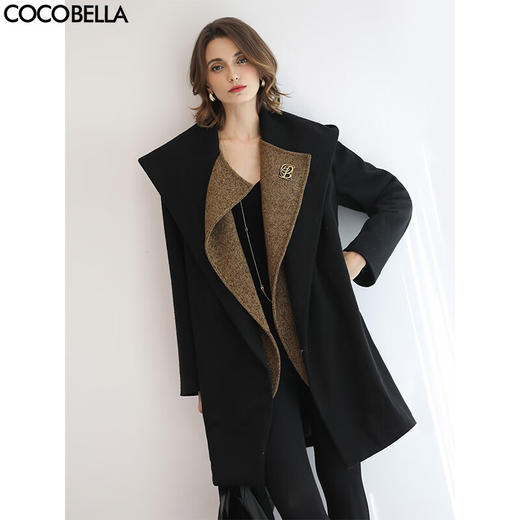 COCOBELLA设计感假两件大翻领毛呢外套女新款黑色大衣WL0002 商品图0