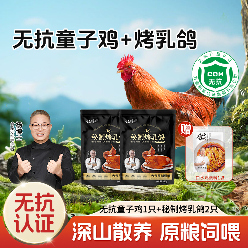【杨博士自营 粉丝专享】无抗童子鸡一只 烤鸽子2只 （赠口水鸡调料包1袋）