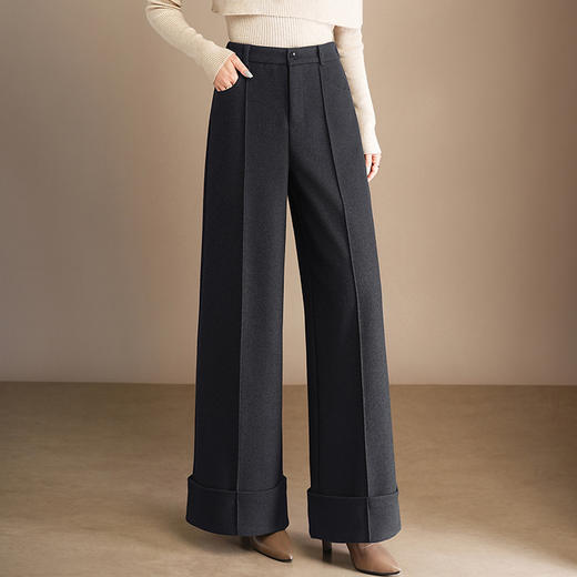 QYM 6997-Y加厚羊毛呢阔腿裤宽松休闲裤高腰时尚裤 商品图0