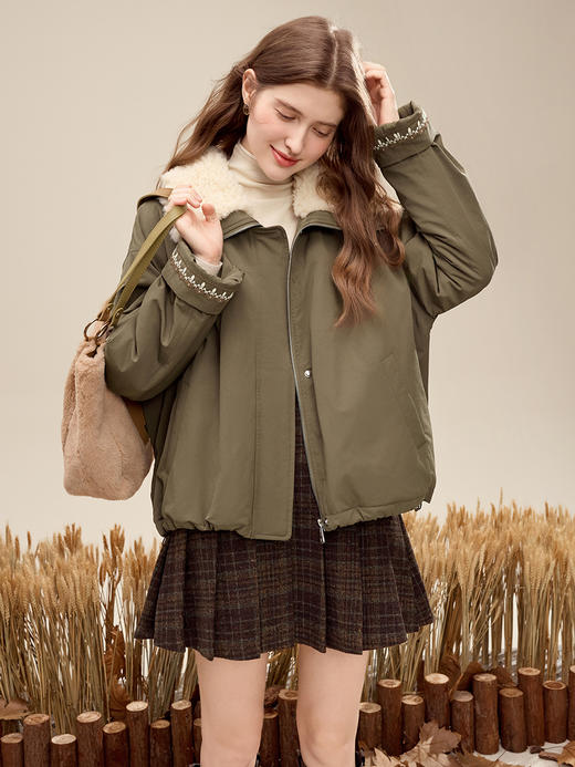 【百图lulu定制】【绿屿棉衣】 军绿色拼接毛领加厚棉衣外套 保暖棉袄外套 商品图4