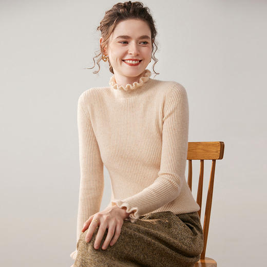 「高货yt」全新升级【铂金会员468/天猫629/差价161】(13413)洛诗琳气质花边半高领羊绒衫2025秋冬修身显瘦针织毛衣女 商品图1