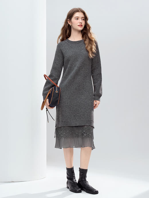 【百图lulu定制】【蕾丝连衣裙】 设计感蕾丝拼接毛衣连衣裙女2025年冬季新款显瘦直筒裙 商品图9