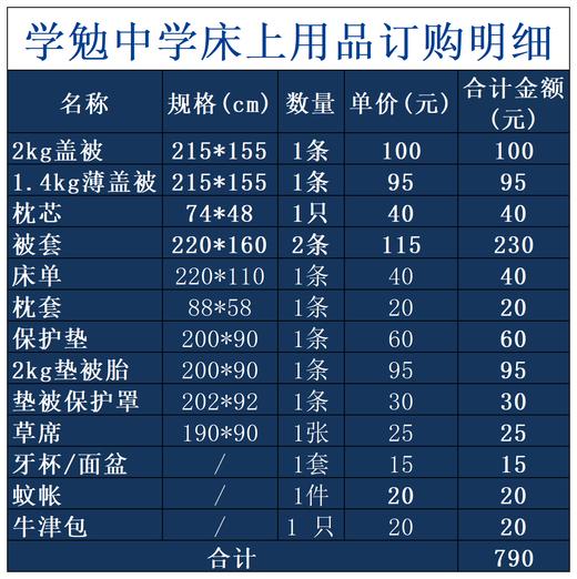 学勉中学床上用品订购明细 商品图0