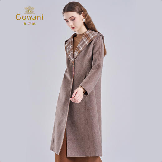 乔万尼2025冬新品减龄连帽复古咖纹100%羊毛长款宽松外套大衣ED4A742 商品图1