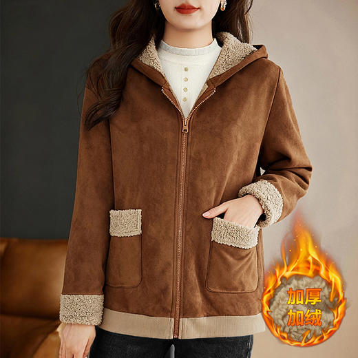 麂皮绒外套女2026新款冬季大码女装羊羔绒连帽上衣加绒加厚连帽衫 商品图0