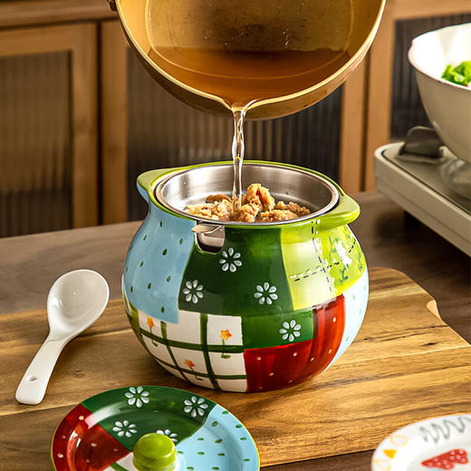 【浮雕手绘猪油罐】陶瓷耐高温双耳防烫食品级厨房调料罐辣椒油大容量带勺家用 商品图4