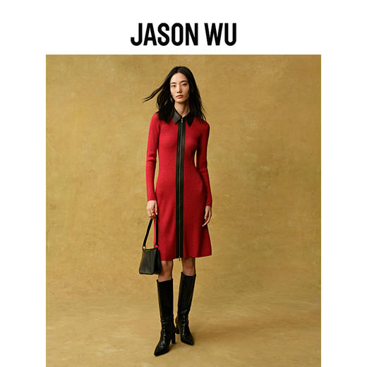 【JASON WU】秋冬新款新中式羊毛针织拼皮撞色连衣裙 商品图1
