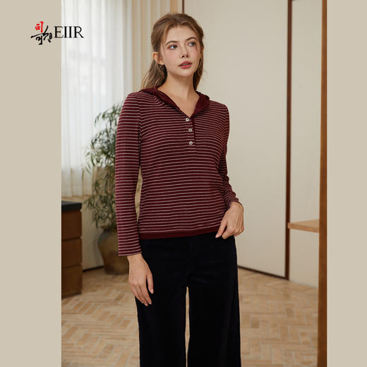 司歌条纹连帽弹力收腰休闲卫衣女秋冬T921284X 商品图4