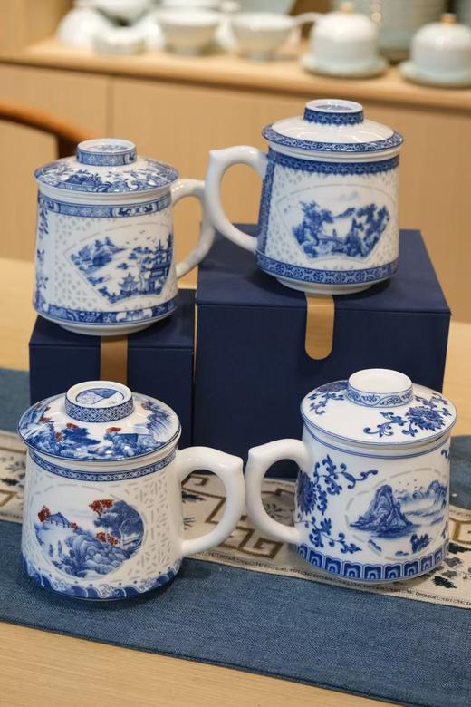 【景德镇茶具】高白泥  青花玲珑 茶杯马克杯 茶水分离耐高温 开水杯办公杯礼品瓷 商品图2