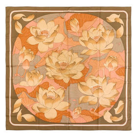 【已售】独角鹿西洋古董1961年法国爱马仕出品Christiane Vauzelle设计《莲花》主题棕色款丝绸方巾