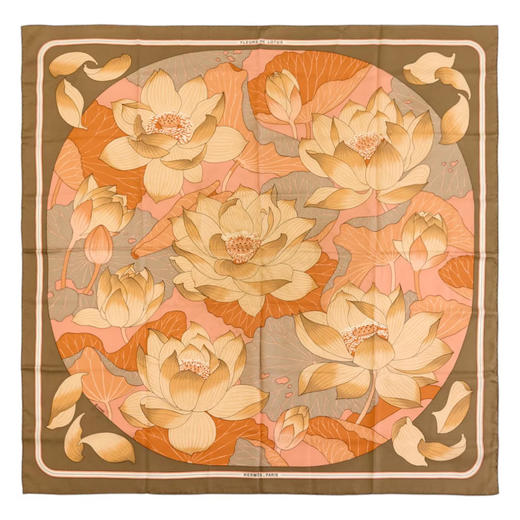 【已售】独角鹿西洋古董1961年法国爱马仕出品Christiane Vauzelle设计《莲花》主题棕色款丝绸方巾 商品图0