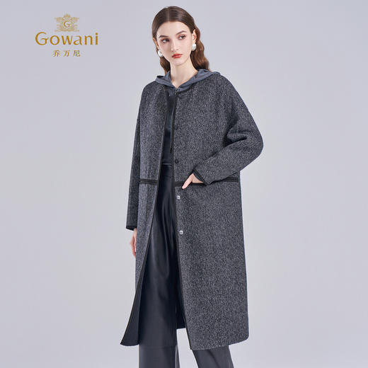 乔万尼2025冬新品挺括设计感羊毛羊驼毛混纺人字纹保暖长款毛呢外套ED4A732 商品图2