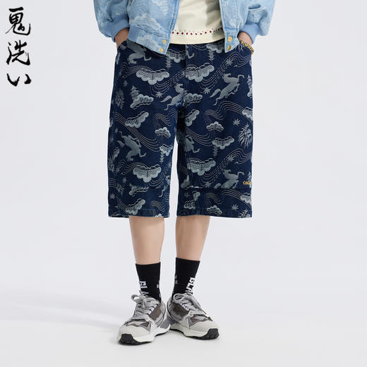 ONIARAI/鬼洗26春季新品黑金马纹宽直筒六分牛仔短裤男 26B0541 商品图0