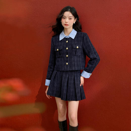 西遇小香风套装裙女秋季新款条纹拼接撞色短款外套两件套V0055466/SS051605 商品图3