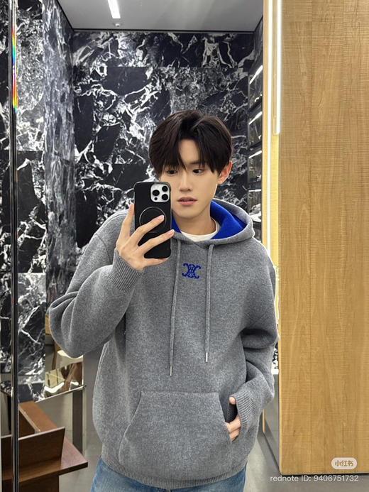 1216-4 圆正渠道货 ce羊毛羊绒双层复合撞色徽标提花男女同款连帽衫 我穿M宽松效果 商品图7