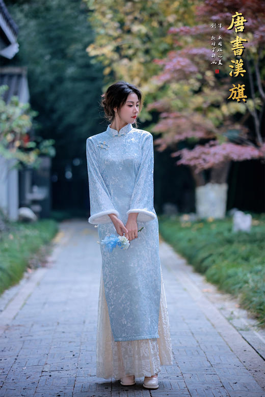 【青霜蝶羽（牛奶绒）】新中式立领盘扣设计，袖口拼接毛绒边增添温柔感，毛绒饰边柔软蓬松，触感舒适，兼顾颜值与实用性。 商品图6