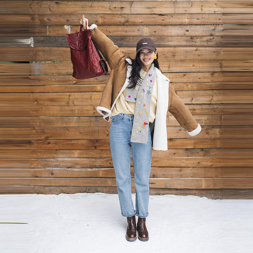 绽放824朵/纯羊毛绒面翻领羊羔毛一手长外套女宽松显瘦冬季厚外套 商品图1