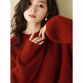 【秋冬新款100纯羊毛衣】新年红色圆领女士打底衫 宽松慵懒风亮丝毛衣潮 