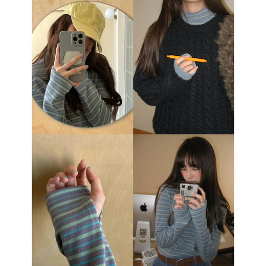 冬湖蓝双面德绒条纹打底衫，冬日氛围感穿搭，清冷复古，巨显白！【G】 商品图1