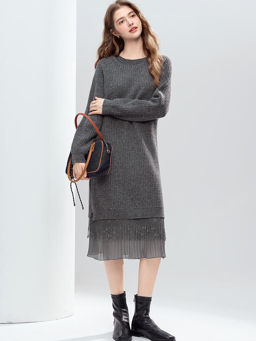 【百图lulu定制】【蕾丝连衣裙】 设计感蕾丝拼接毛衣连衣裙女2025年冬季新款显瘦直筒裙 商品图10