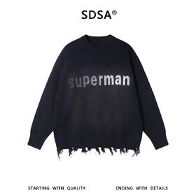 SDSA秋冬新款痞帅男装美式撞色字母圆领毛衣下摆流苏设计百搭时尚