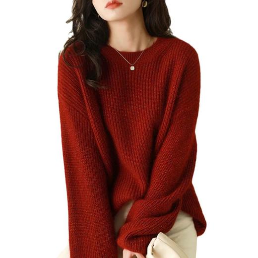 【秋冬新款100纯羊毛衣】新年红色圆领女士打底衫 宽松慵懒风亮丝毛衣潮  商品图4