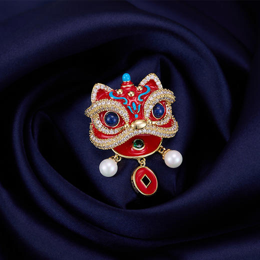 LY 539国潮红色醒狮胸针高档流苏微镶锆石复古胸花西装配饰别针 商品图0