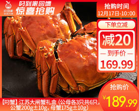【叼蟹】江苏大闸蟹礼盒（公母各3只共6只，公蟹200g±10g，母蟹175g±10g）