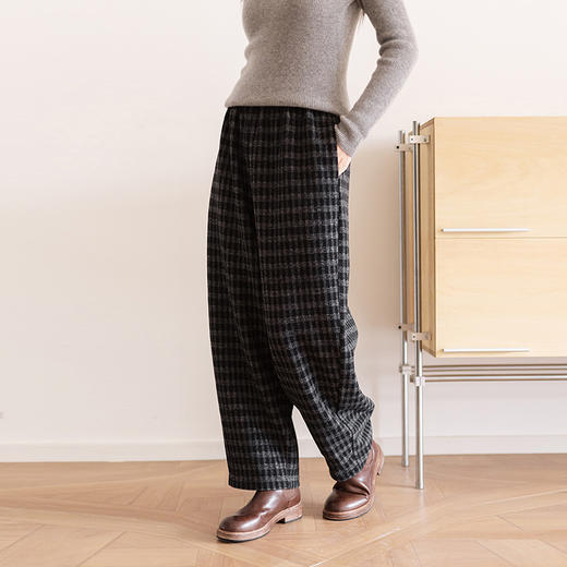 绽放801朵/加厚羊毛混纺格纹全腰松紧显瘦长裤百搭休闲裤女毛呢裤 商品图0