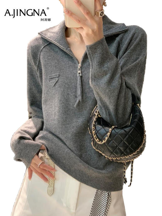 【POLO衫全羊毛】阿菁娜冬季新款半开拉链POLO衫全羊毛翻高领两穿结构感设计F30D302017 商品图3