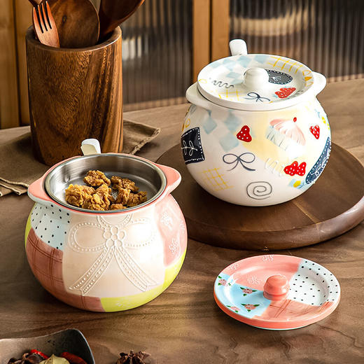 【浮雕手绘猪油罐】陶瓷耐高温双耳防烫食品级厨房调料罐辣椒油大容量带勺家用 商品图3