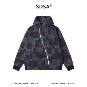 SDSA男士秋冬新款痞帅男装潮牌撞色不规则格子斜拉链连帽卫衣外套