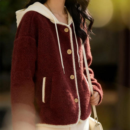 LONGNVFAIR可拆帽车厘子红羊羔绒皮毛一体大衣（3-5天发货） 商品图5