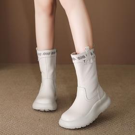 FR 85832中筒高靴复古圆头厚底侧拉链女靴