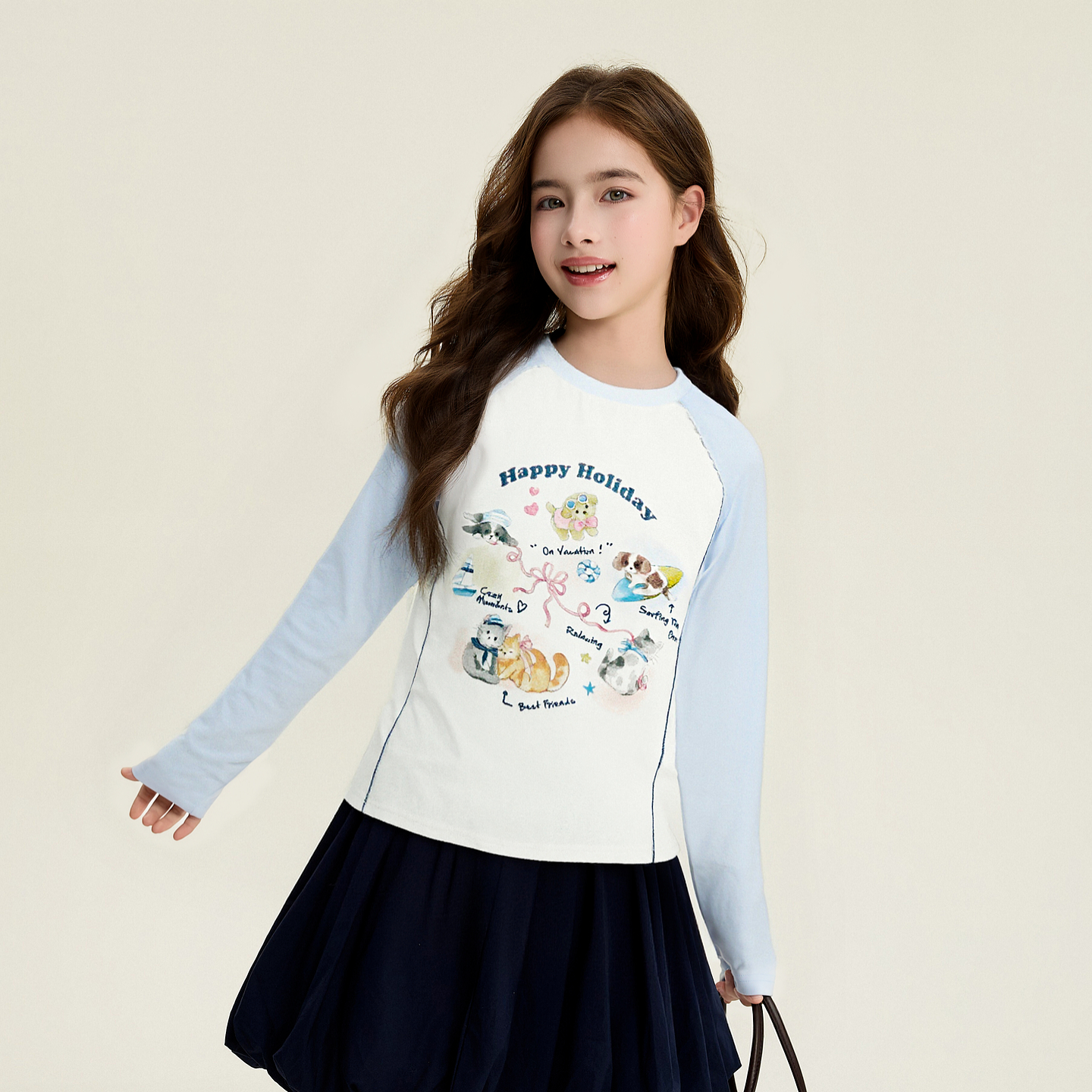 笛莎Deesha 童装女童T恤2026春新款撞色拼接甜美印花T恤