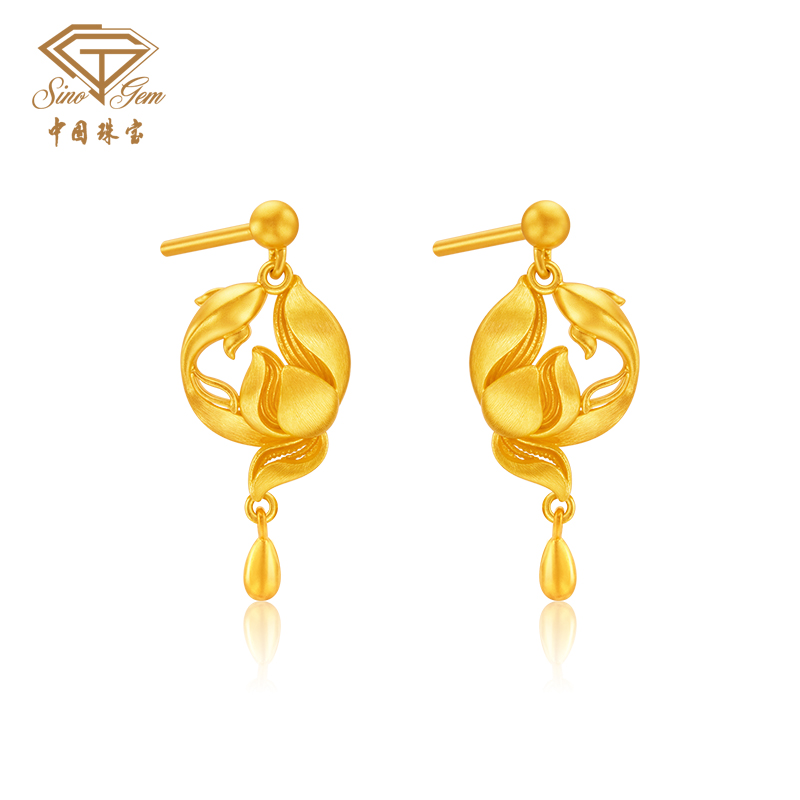 「美好金」莲年有鱼古法黄金耳饰 足金锦鲤莲花荷花耳坠