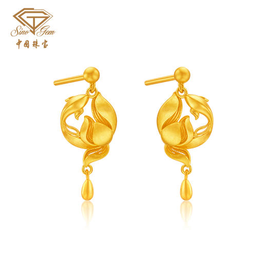 「美好金」莲年有鱼古法黄金耳饰 足金锦鲤莲花荷花耳坠 商品图0