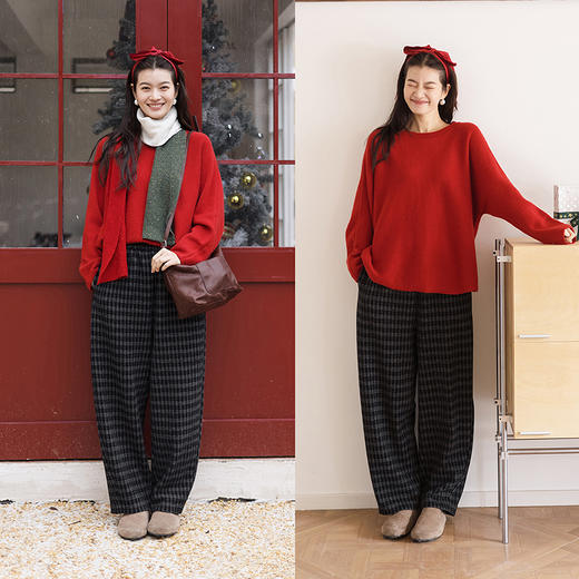 绽放801朵/加厚羊毛混纺格纹全腰松紧显瘦长裤百搭休闲裤女毛呢裤 商品图1