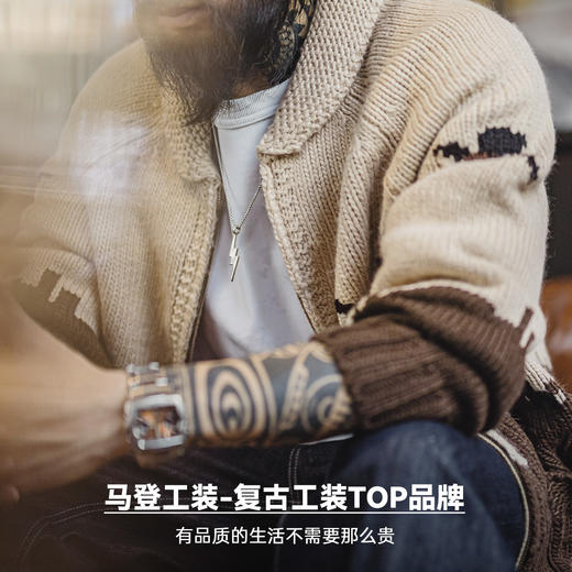 马登工装美式复古刺绣青果领毛衣卡其色开衫老钱风毛衫外套男秋冬 商品图4