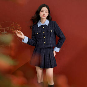 西遇小香风套装裙女秋季新款条纹拼接撞色短款外套两件套V0055466/SS051605