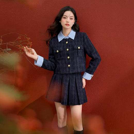 西遇小香风套装裙女秋季新款条纹拼接撞色短款外套两件套V0055466/SS051605 商品图0