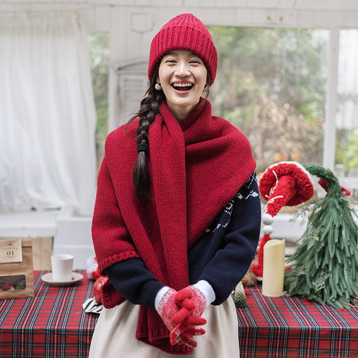绽放/KSX019朵"红得刚刚好"冬日粗针翻边毛线帽红色围巾纯羊毛 商品图2