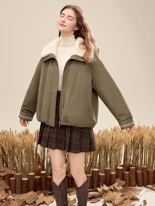 【百图lulu定制】【绿屿棉衣】 军绿色拼接毛领加厚棉衣外套 保暖棉袄外套 商品图3