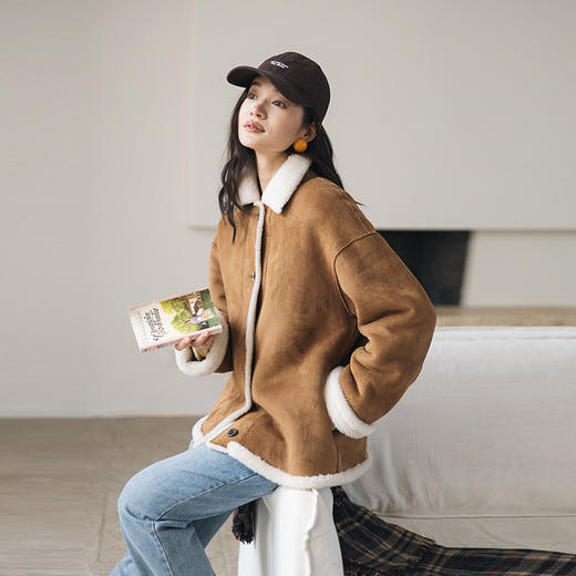 绽放824朵/纯羊毛绒面翻领羊羔毛一手长外套女宽松显瘦冬季厚外套 商品图0