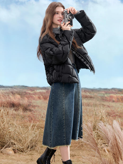 【百图lulu定制】【格子羽绒服】 黑白格子衬衫 假两件 90白鸭绒黑色羽绒服 商品图6